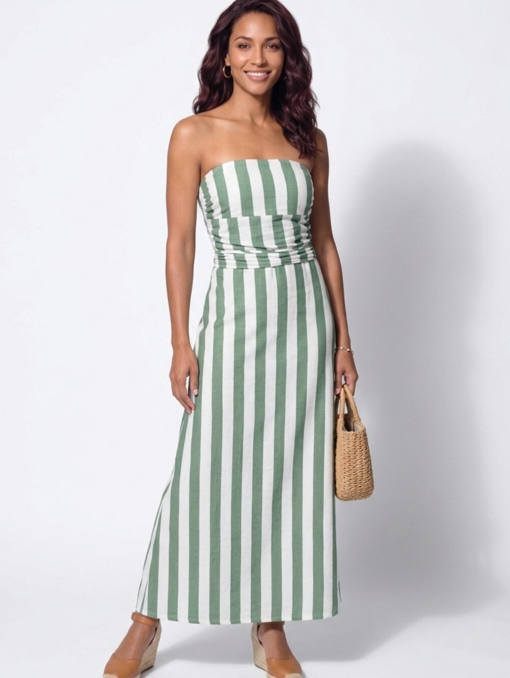 SHEIN Boho Green And White Striped  Stapless Back Tie Maxi Dress Size M